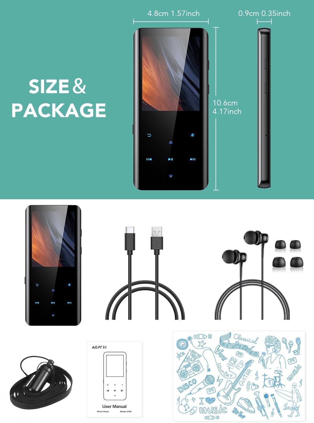 Expandable 64GB MP3 Player with 48-Hour Playback & Bluetooth Connectivity