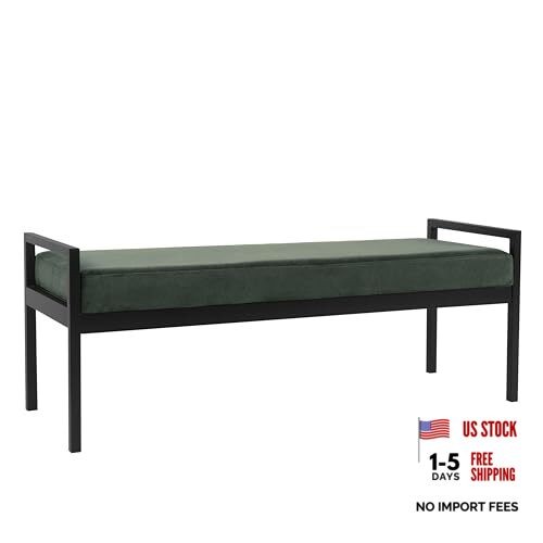 Modern Velvet Metal Bench| Modern Bench with Metal Leg | Loden Green Velvet