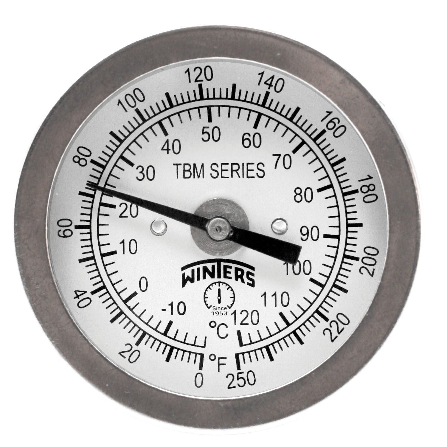 Winters TBM Bimetal Thermometer 2 in Dial 0-250 F 2.5 in Stem 1/4 NPT Back SS
