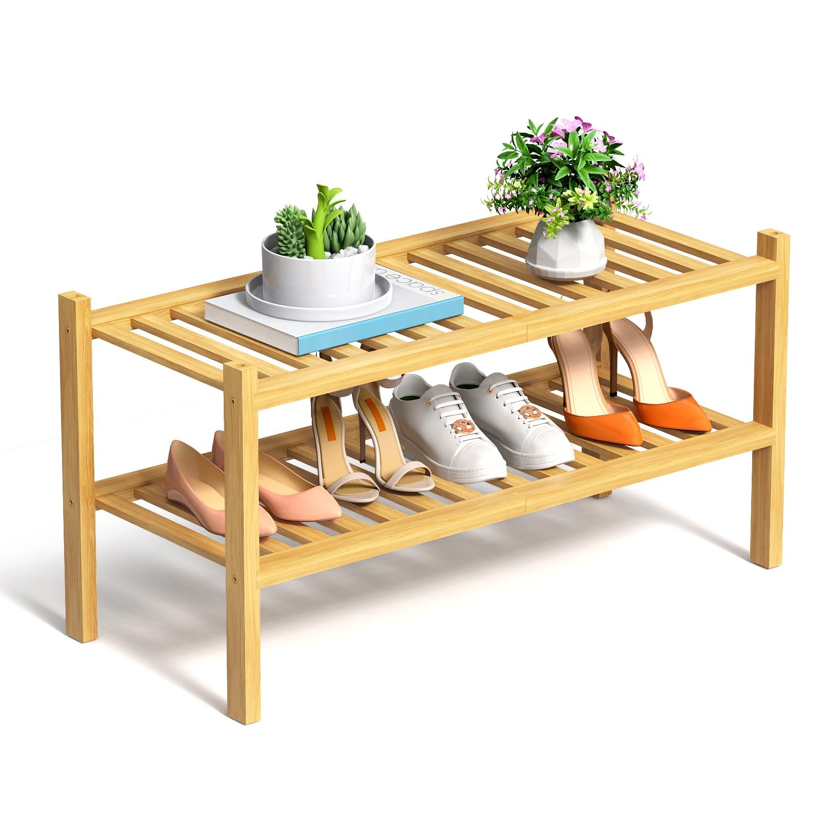 RONGJlA 2 Tier Shoe Rack for Closet Standing Wood Shoe Shelf Storage Organize...