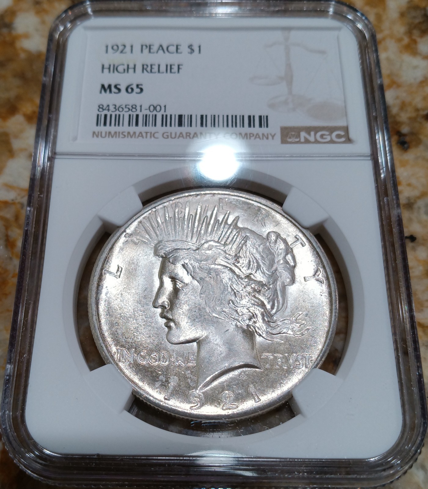 1921 Peace dollar, Blast White gem at NGC MS-65
