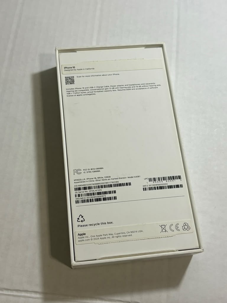 Apple iPhone 16 White BOX ONLY