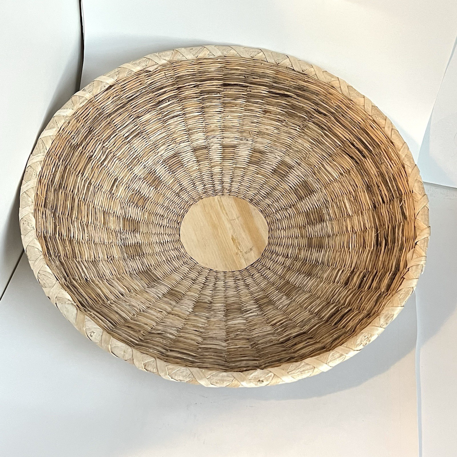 Boho Wicker Woven Basket Rimmed Round Huge Wall Or Table 19 Inch