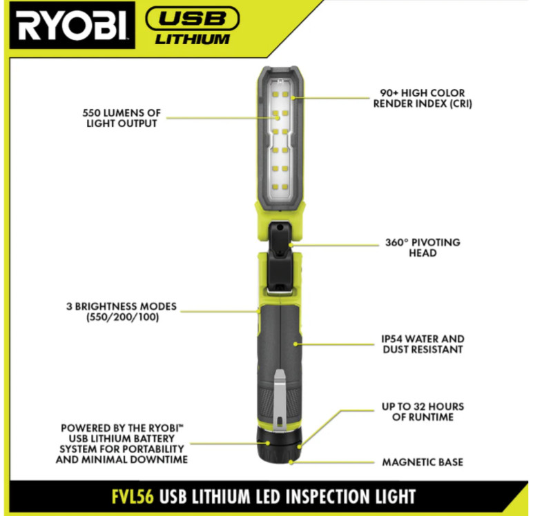 RYOBI USB Lithium Inspection Light FVL56 * Bare Tool * TESTED *