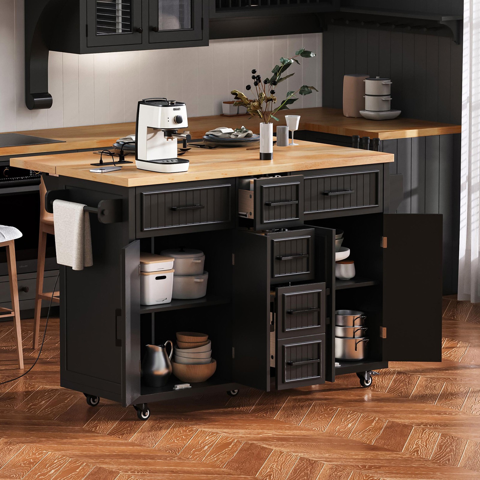 Kitchen Island Cart with Drop Leaf, Power Outlet, 5 Drawers, Black