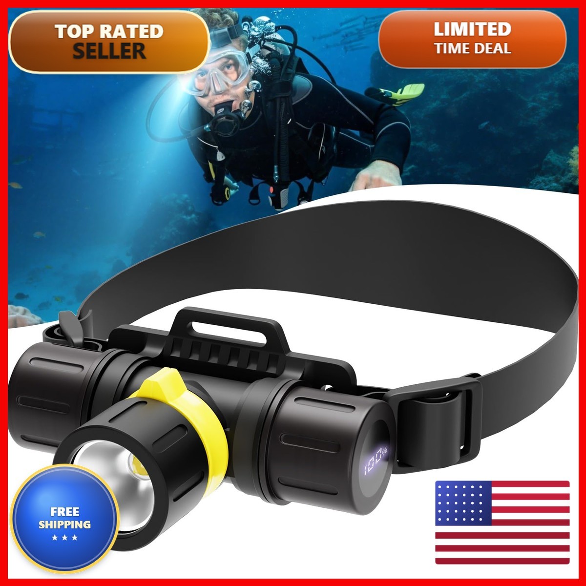 NAKCNM 3000LM IPX8 Waterproof Diving Flashlight Magnetic Rotary Switch