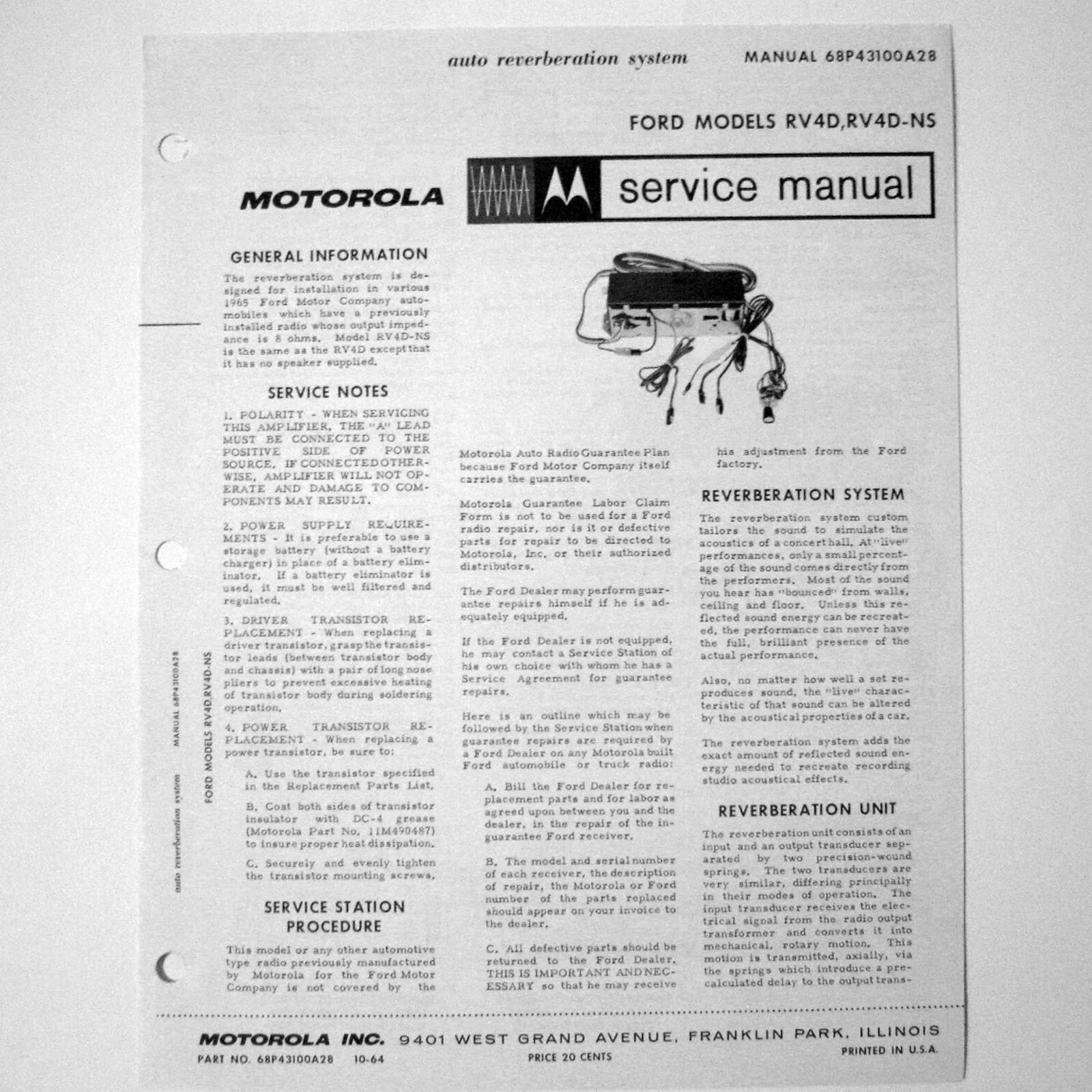Motorola ® Model RV4D Reverb For The 1965 Ford Auto Radio Service Manual © 1964