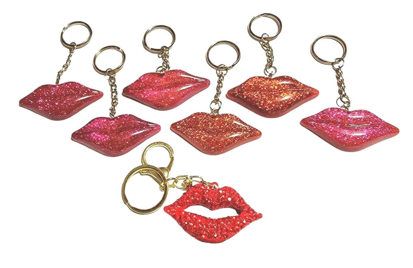 Lips Keychain Lot -7 Sparling Lipstick SWAK Kiss Lip Keyring Resin Glitter Gifts