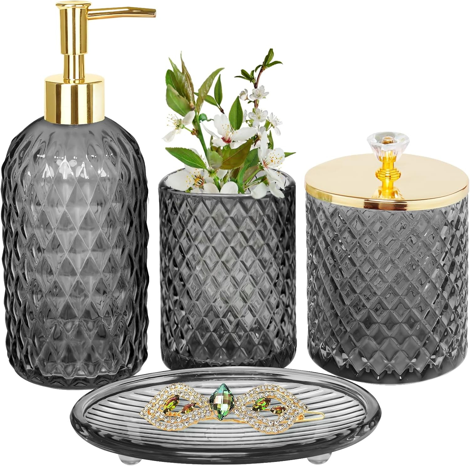 Gray Glass Bathroom Accessories Set, 4-Piece - Lotion Soap Dispenser, Toothbrush