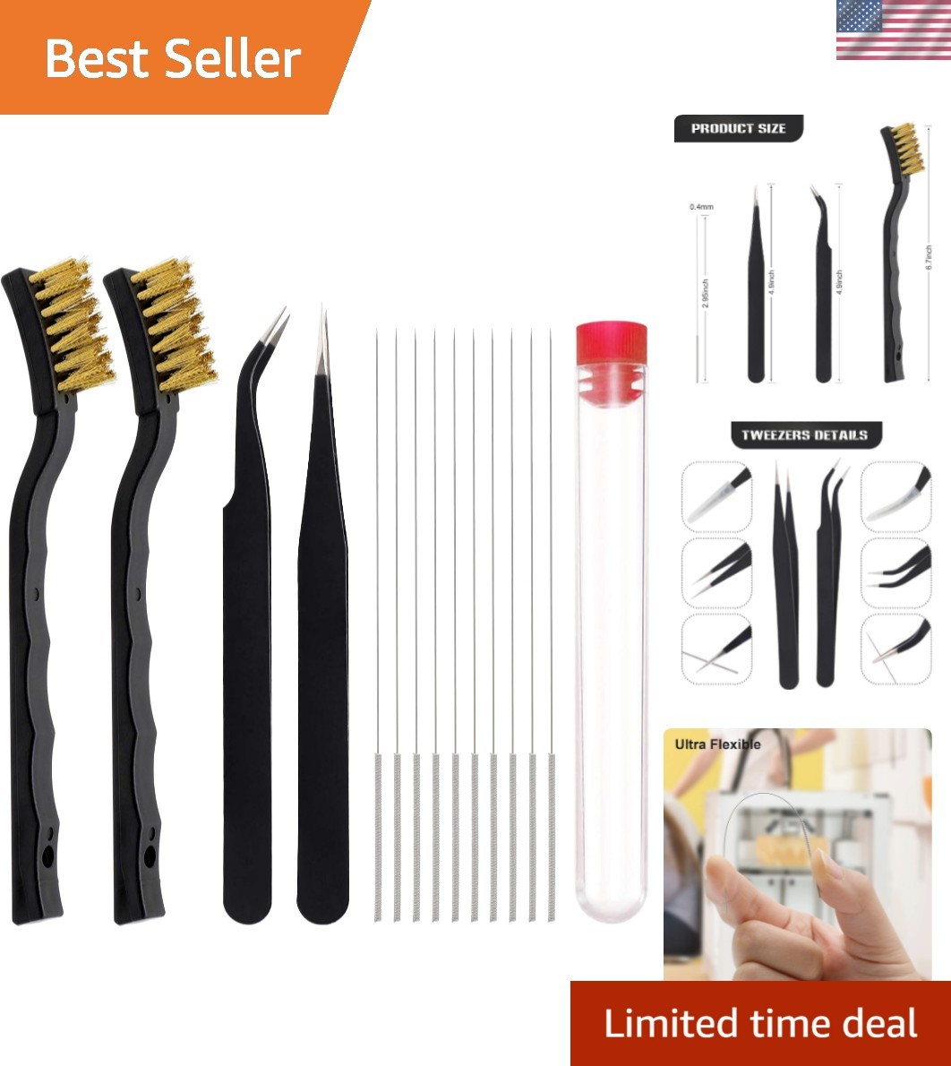 10-Piece Nozzle Cleaning Kit for 3D Printers - Tweezers & Wire Brushes Included