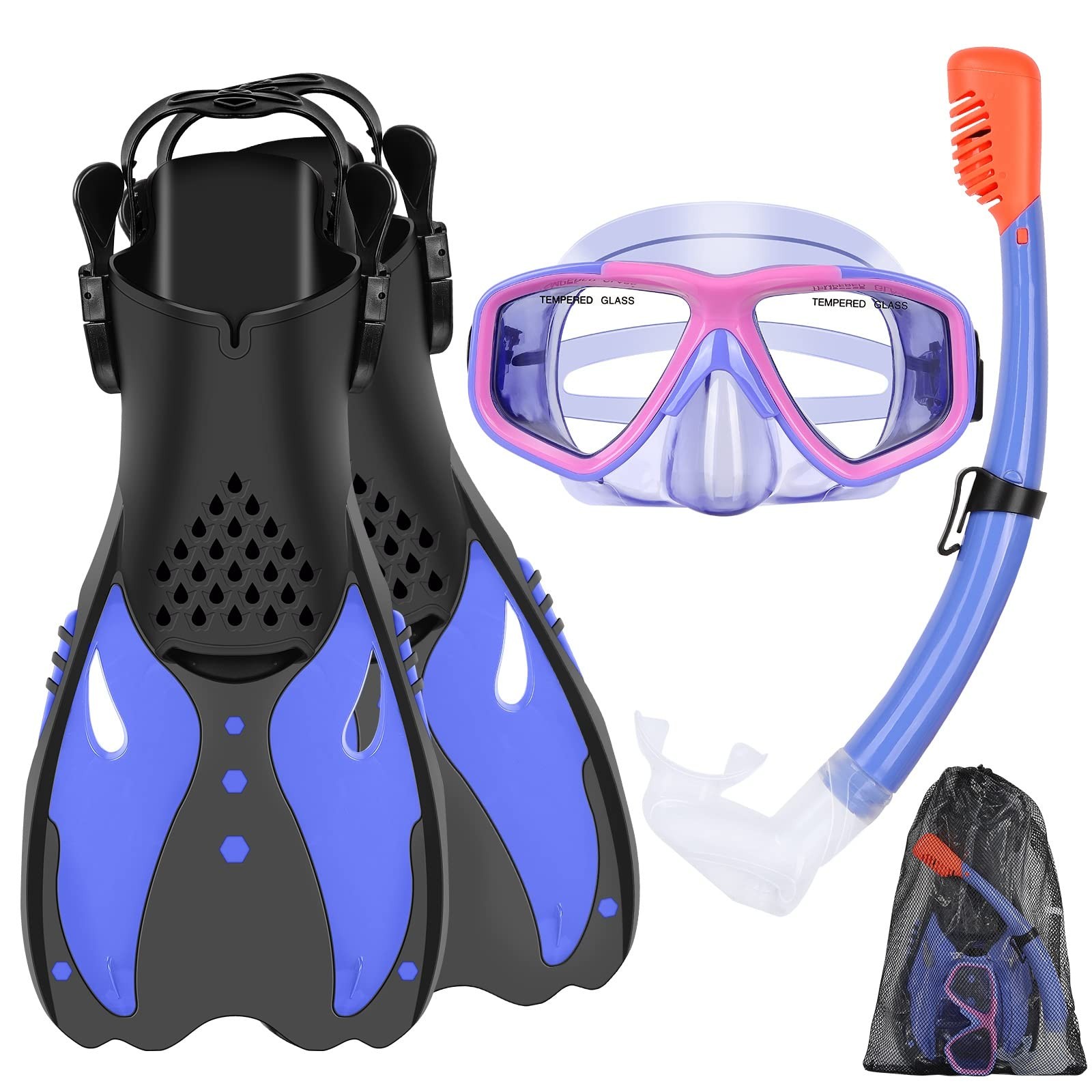 KUYOU Youth Snorkel Set Ages 7-16 Anti-Fog Mask Full Dry Top Snorkel Adjustable