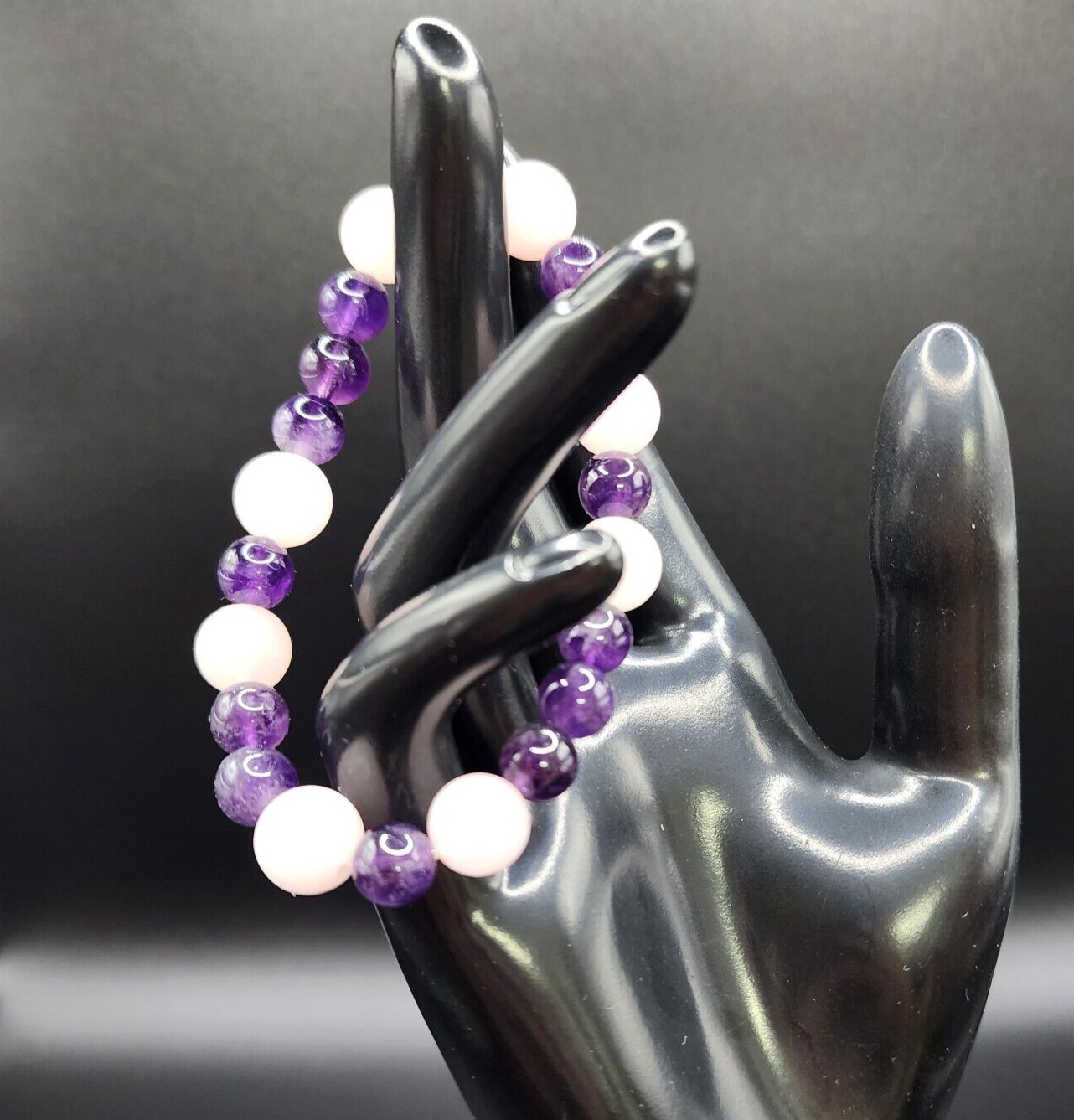 Hand Crafted Beaded Bracelet - A273 Rose Quartz, Brazil Purple Amethyst 7.5 Inch