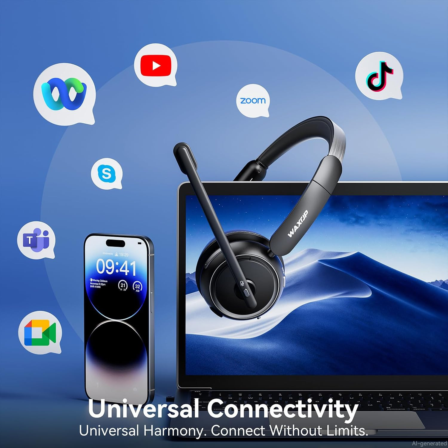 Wireless Headset with Mic for Work, Bluetooth Headset with Microphone Noise Canc