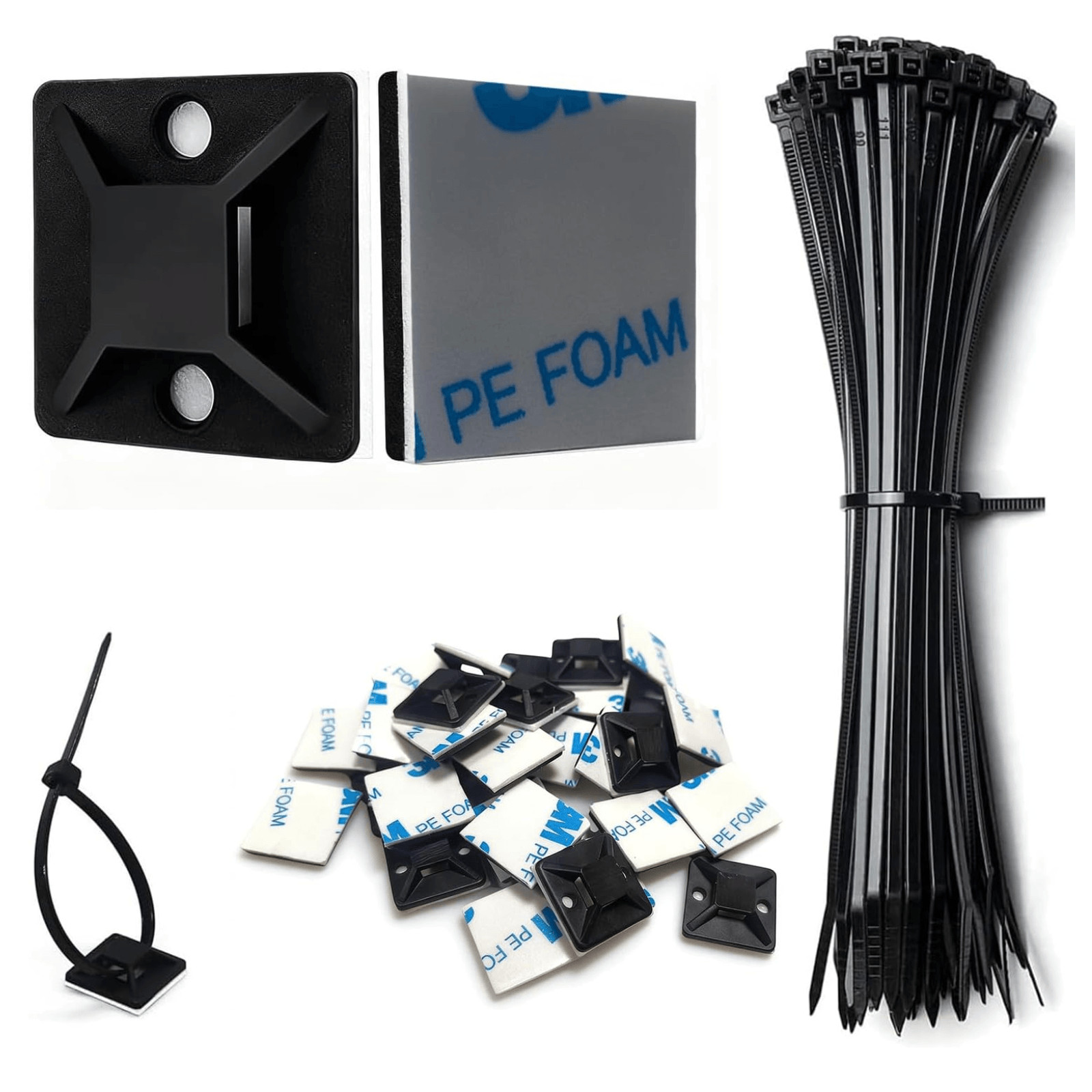 Black Adhesive Cable Zip Tie Mounts 100 Set 6 Inch Nylon Wire Organizer Clips