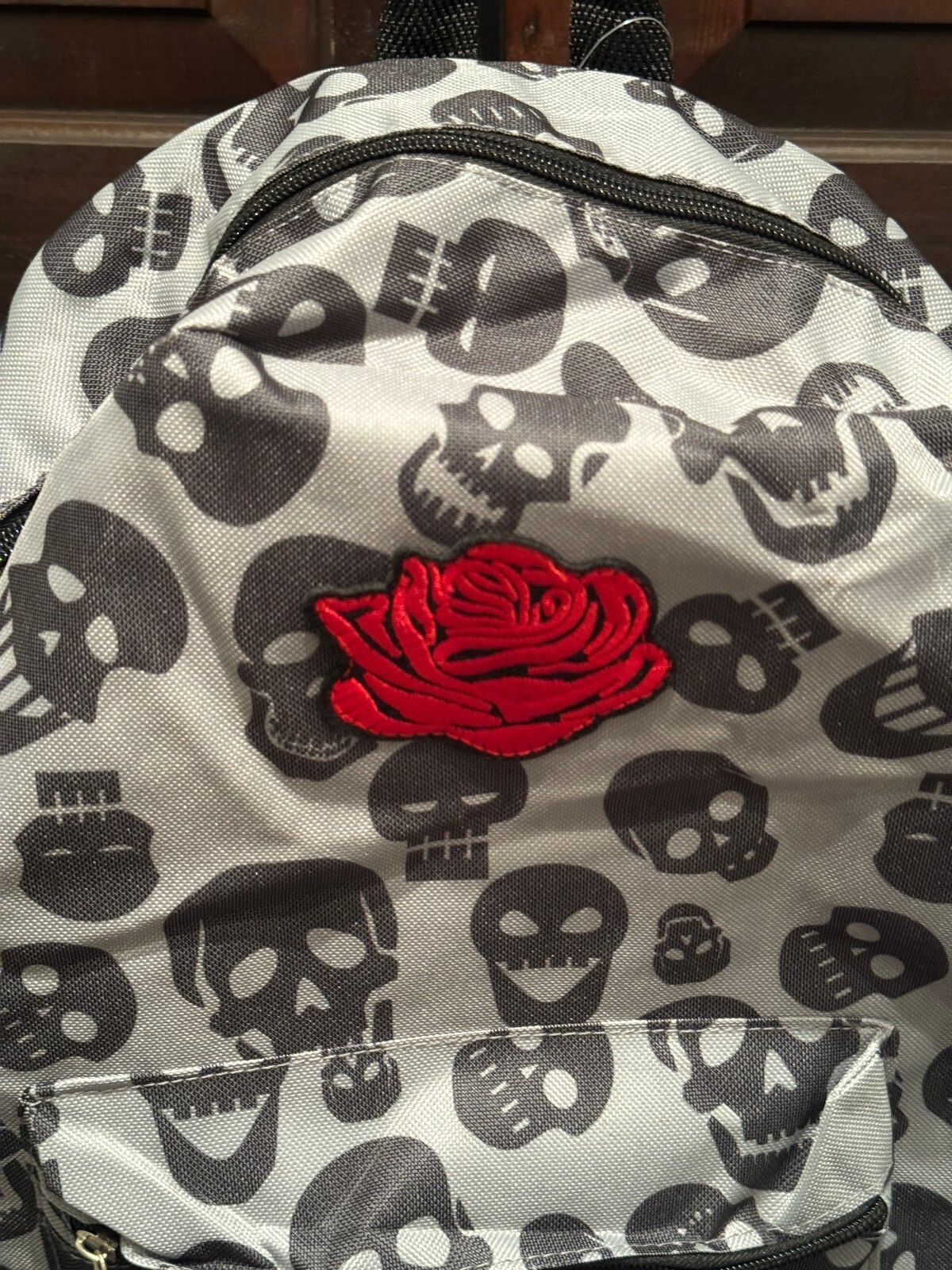 Gray Skull Print Backpack with Red Rose Patch--- NWOT