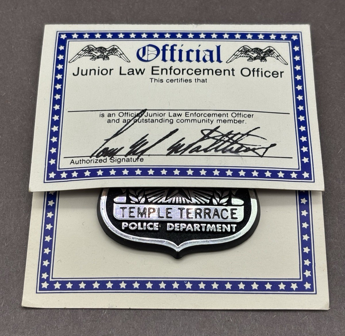 Vintage Official Junior Law Enforcement Badge Temple Terrace PD 1990 Stoffel Toy