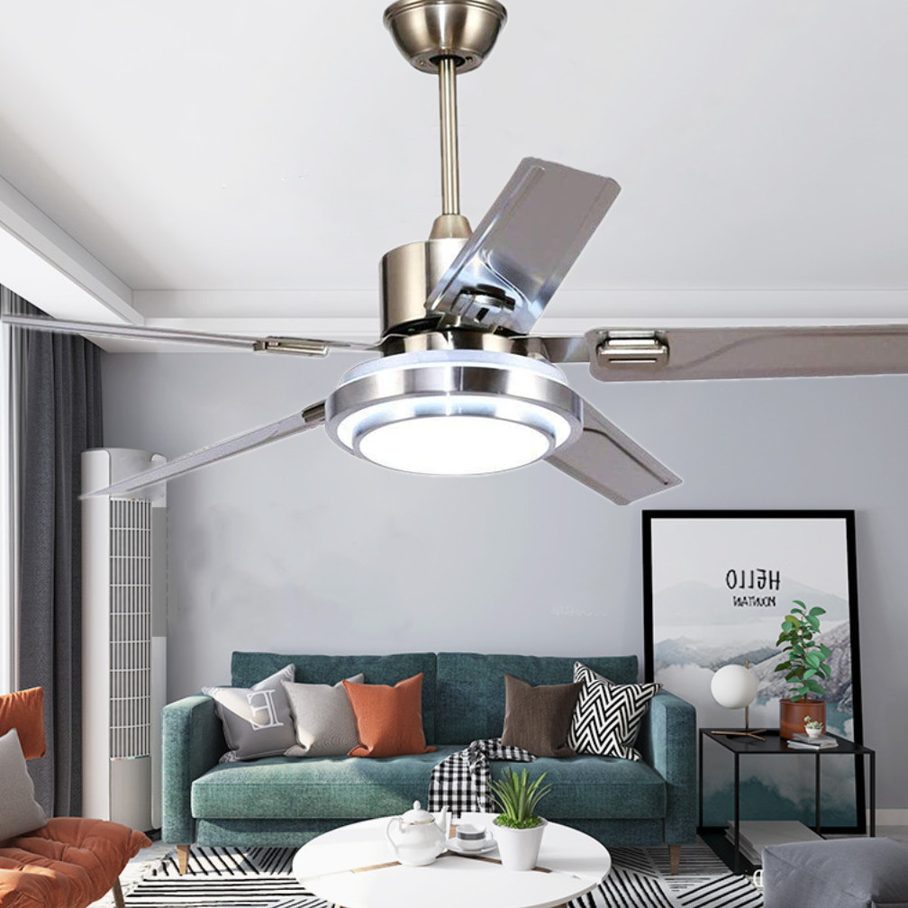 52" Stainless Steel 5 Blade Ceiling Fans Remote w/3-Color LED Light Chandelier