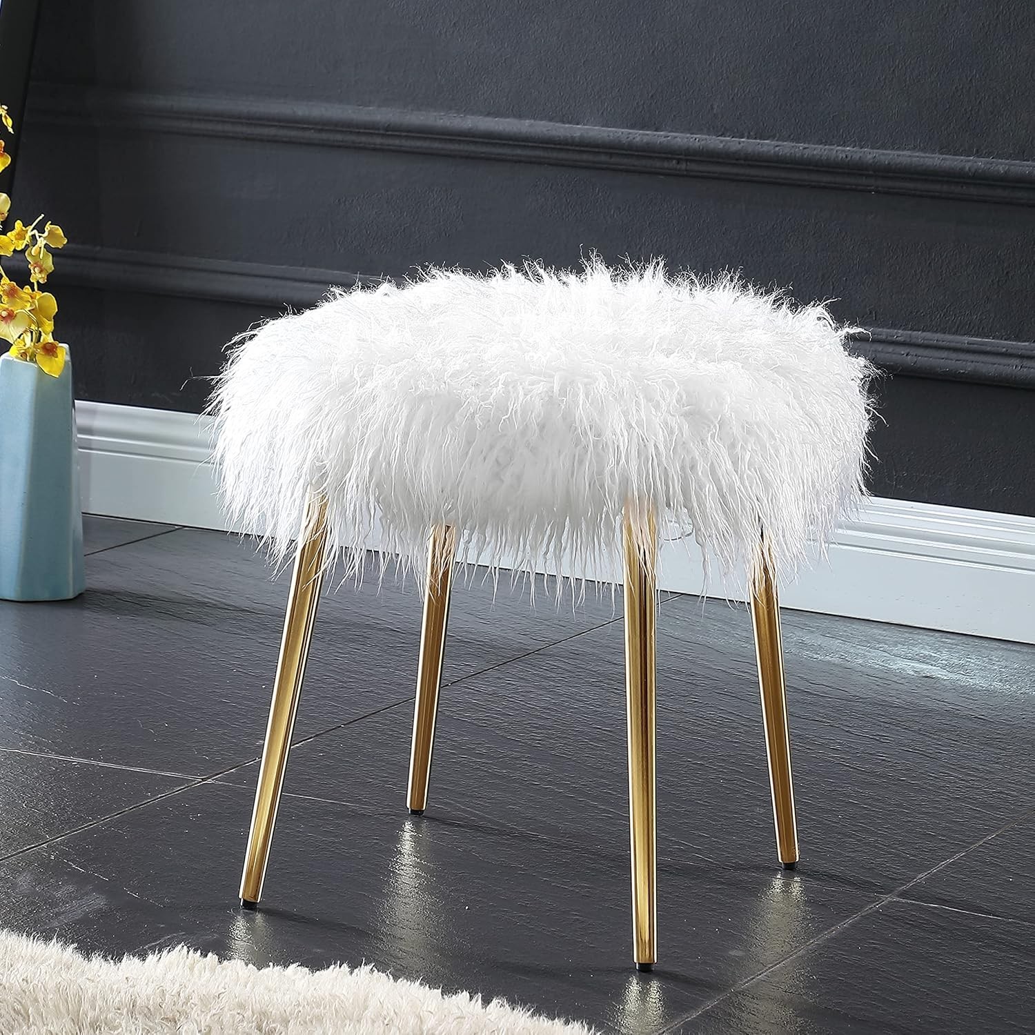 Faux Fur Accent Ottoman with Gold Legs Indoor livingroom Durable Home Bedroom US