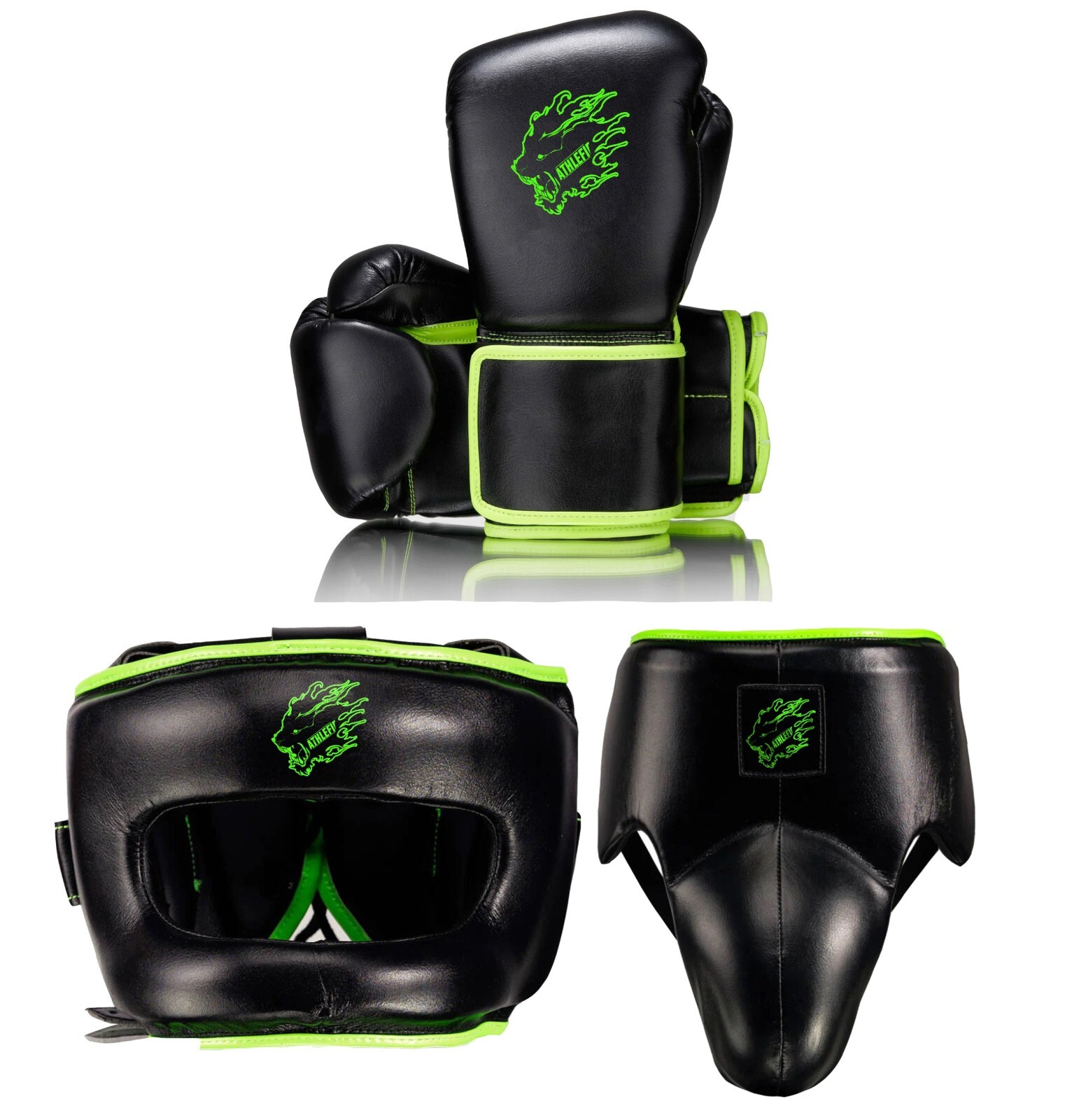 Athlefit custom made Black boxing gear set custom glove head gear & groin guard