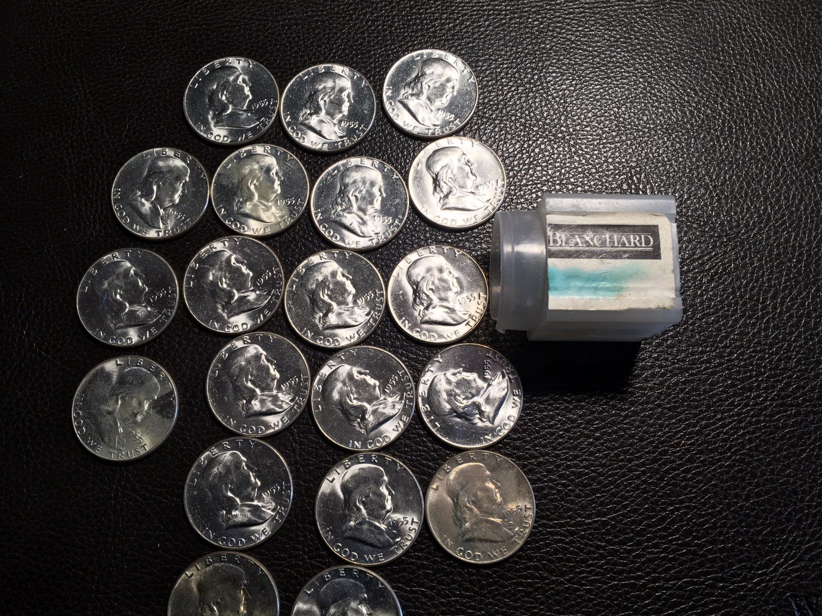 Original Roll Of 20 1955 Franklin Halves Some Nice Bands Toned End Coins