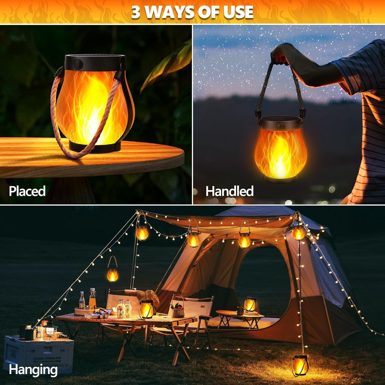 Solar Lanterns Outdoor Waterproof - 2 Pack Hanging Solar Flame Lights with Du...