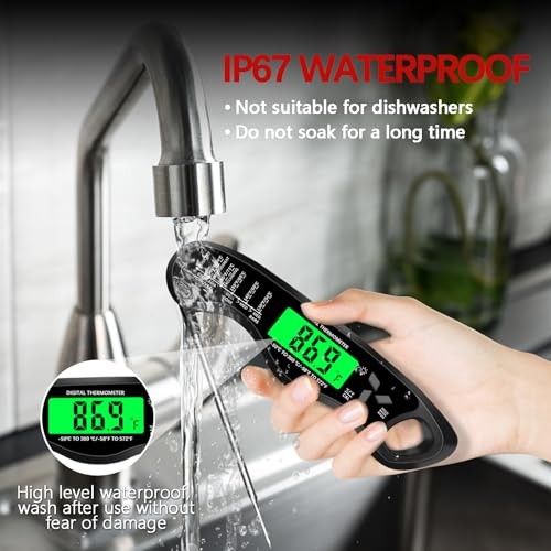 Meat Thermometer Digital，IP67 Waterproof Cooking Thermometer with Black