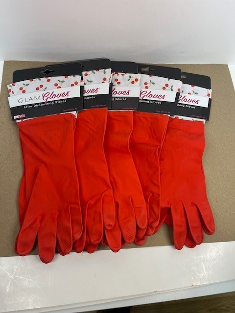 Glam Latex Dishwashing Gloves. One size fits all. 5 sets. NEW.  Free Shipping