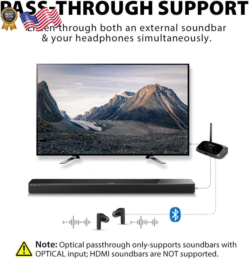 Avantree Oasis Plus 2 Bluetooth Transmitter for TV with Remote Volume Control