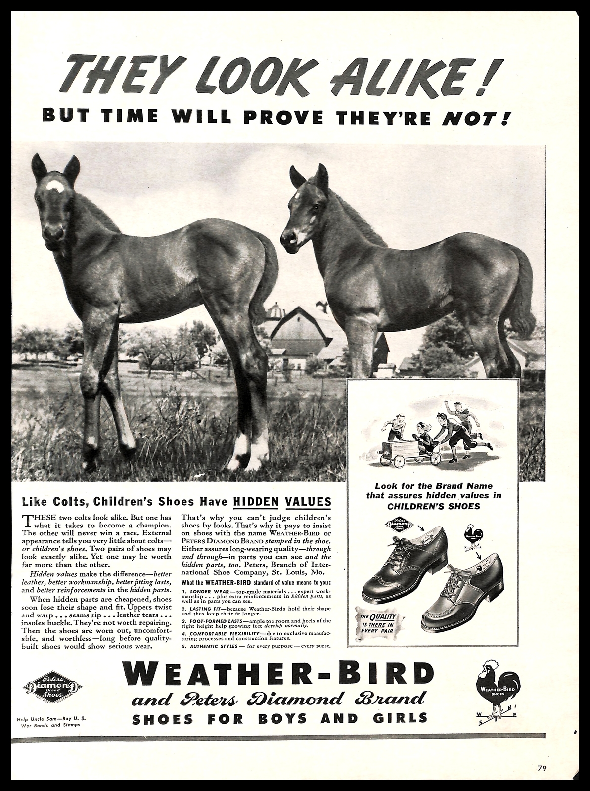 1942 Weather Bird Peters Diamond Shoes Vintage PRINT AD Children Horses Farm 40s