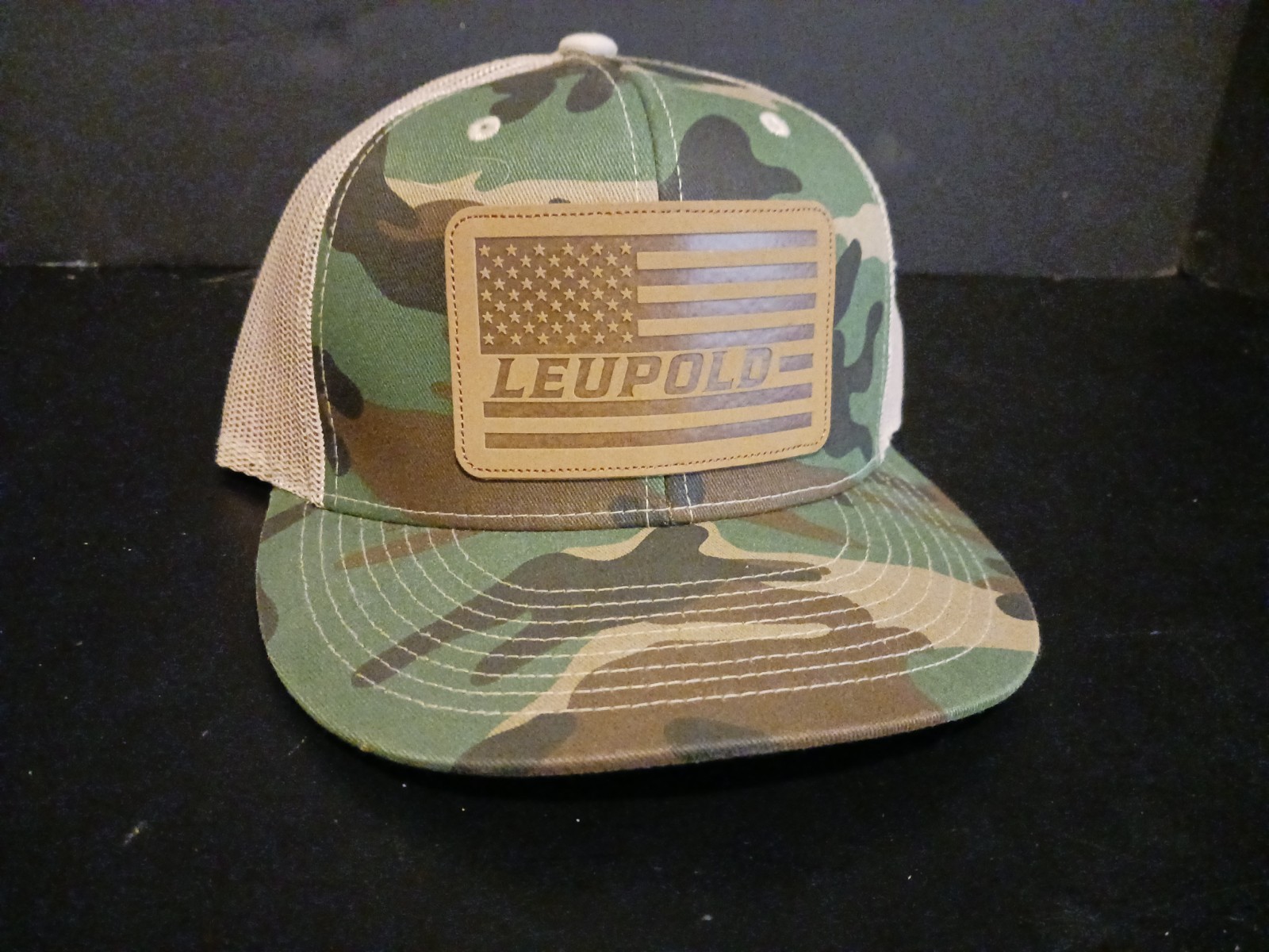 LEUPOLD Leather Flag Camo Snap-Back Trucker Hat Green White Meshback
