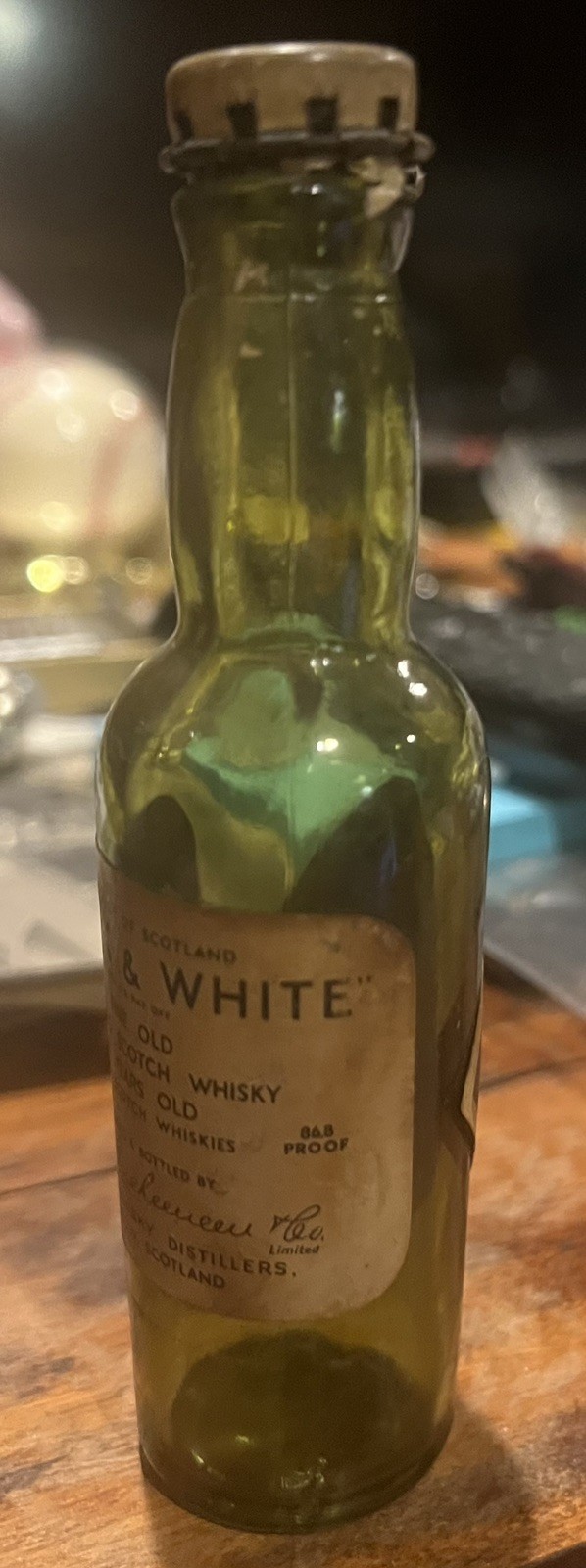 Black & White Scotch Antique Mini Whiskey Bottle Spring Top 1/10th Pt.