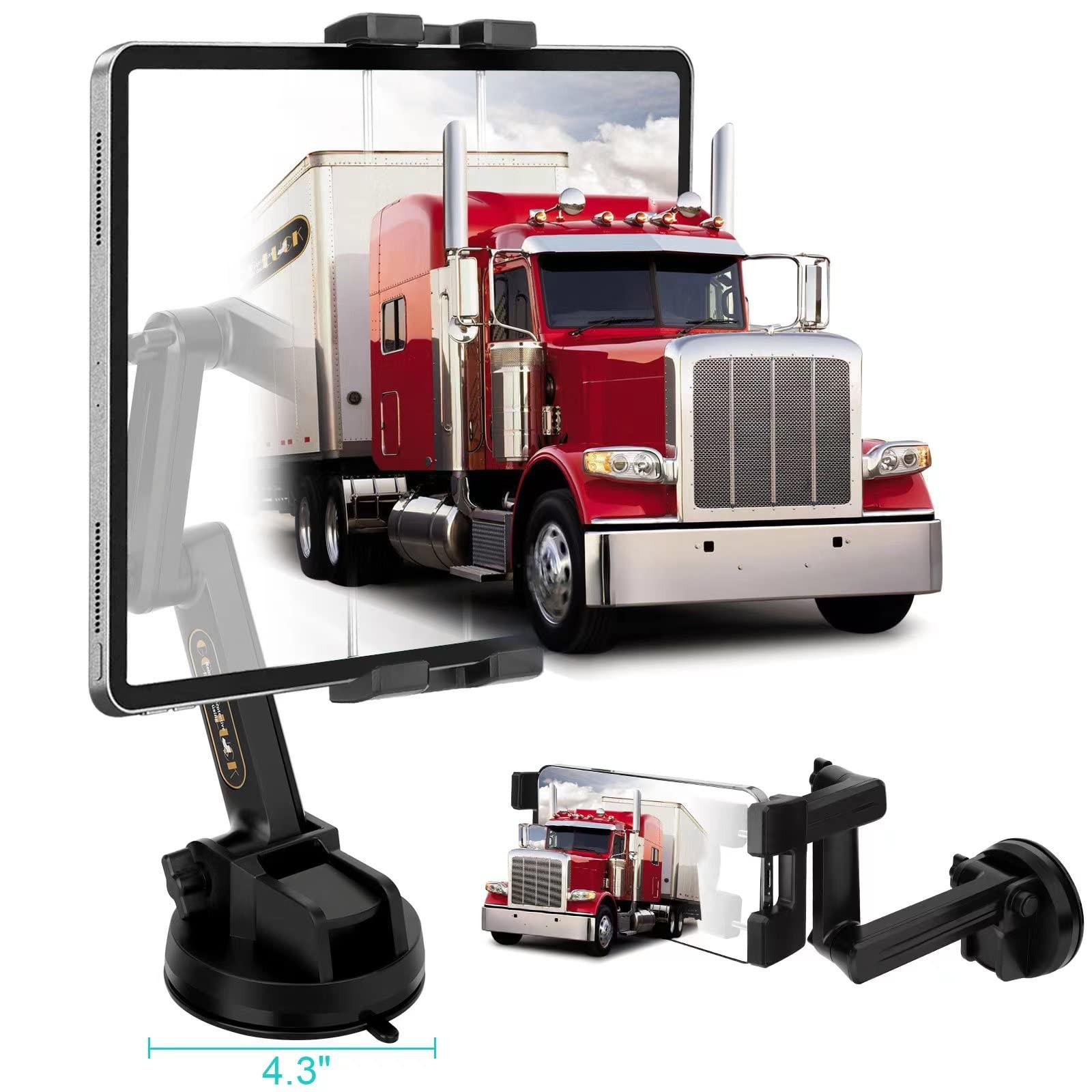 Porfortop iPad Pro 12.9 16" Long & 360° 3-Stage Arm & 4" Suction Cup, Black