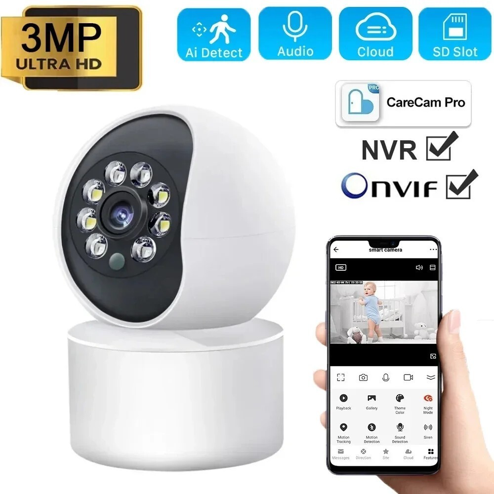 3MP Wifi PTZ Security Camera Mini Baby Monitor Two-way Audio 360° Indoor Camera