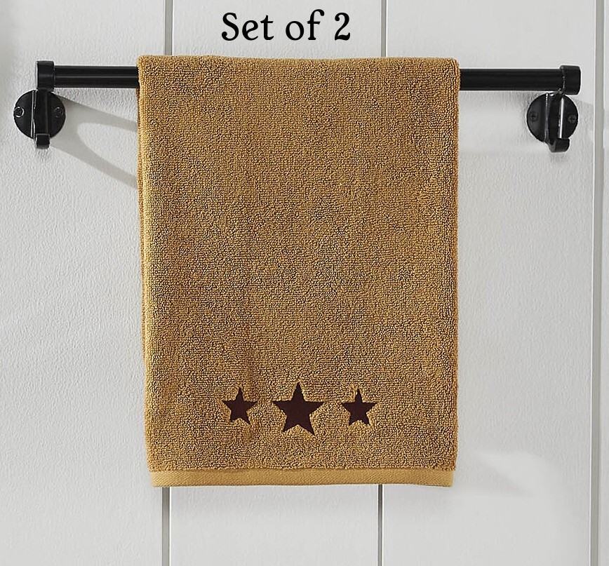 New Primitive Farmhouse SET 2 BURGUNDY STAR HAND TOWELS Terry Bath Towel