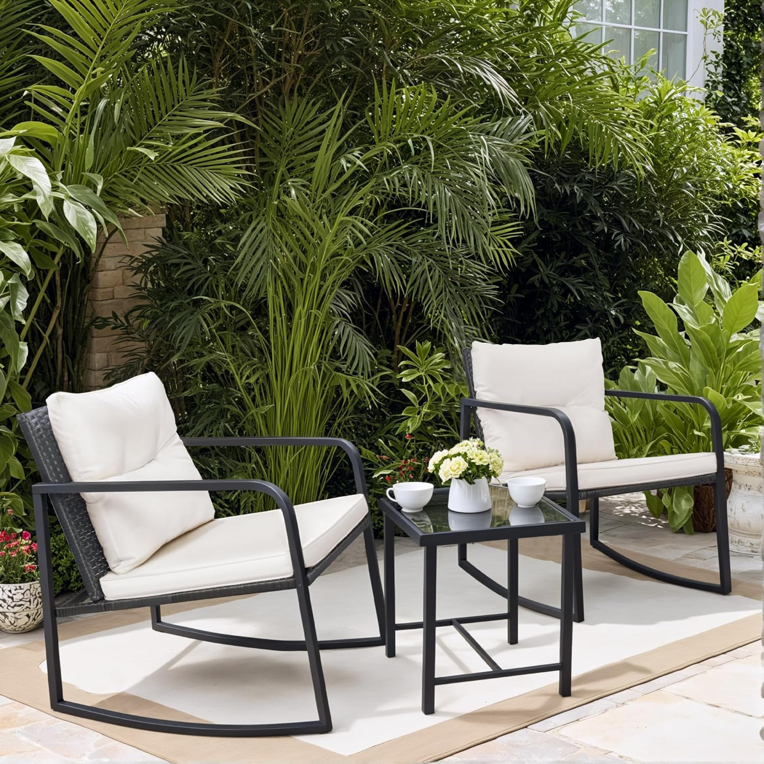 3 Pieces Rocking Wicker Bistro Set, Patio Outdoor Furniture Conversation Sets wi