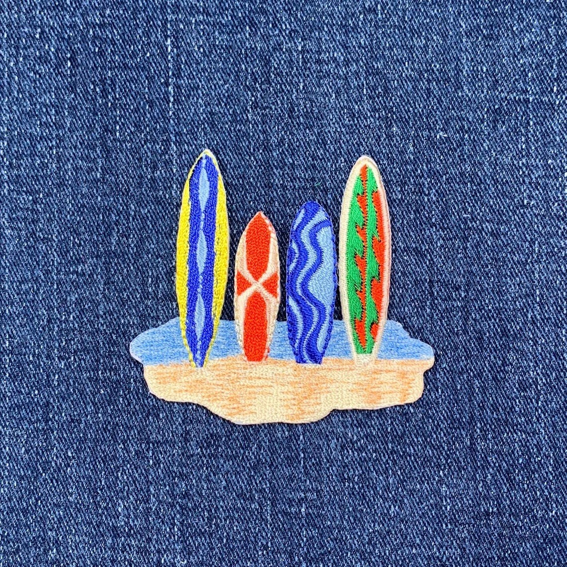 Surfboards & Beach Applique Patch -  Embroidered Surfing Badge 2-3/8" (Iron On)