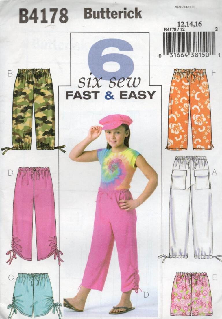 4178 BUTTERICK VERY EASY GIRLS' PANTS,CAPRI PANTS & SHORTS SZ 12-16