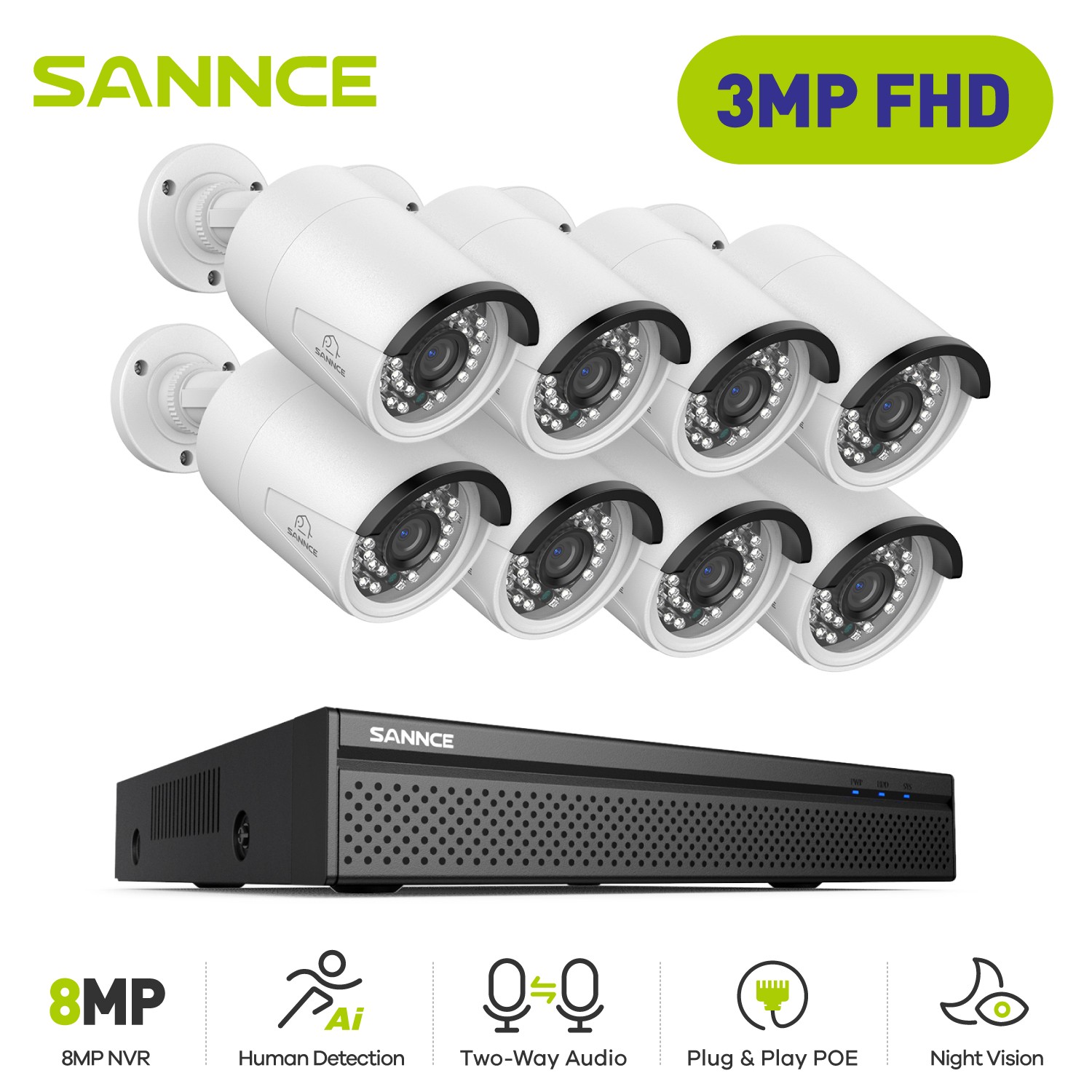 SANNCE 4K 8CH NVR 3MP POE Security Camera System Two Way Audio AI Detection IP66