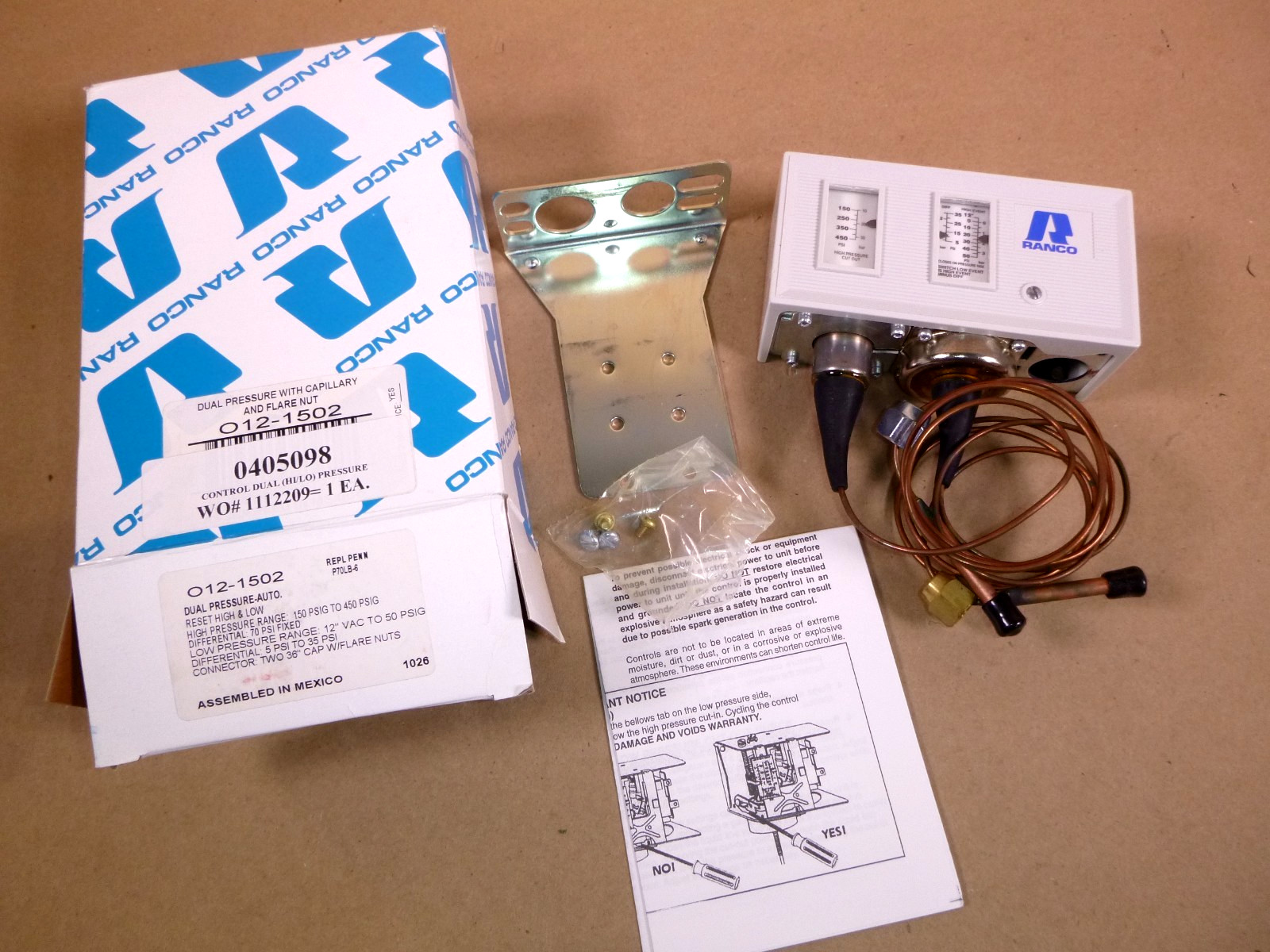 012-1502 Ranco Dual Function Refrigeration Pressure Control 150-450 Cut-Out Psi