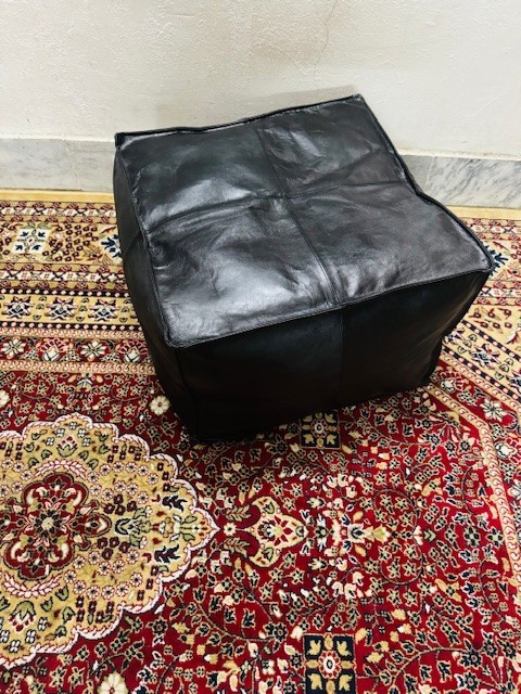 20 Inch Black Leather Pouf Ottoman – Authentic Moroccan Boho Footstool
