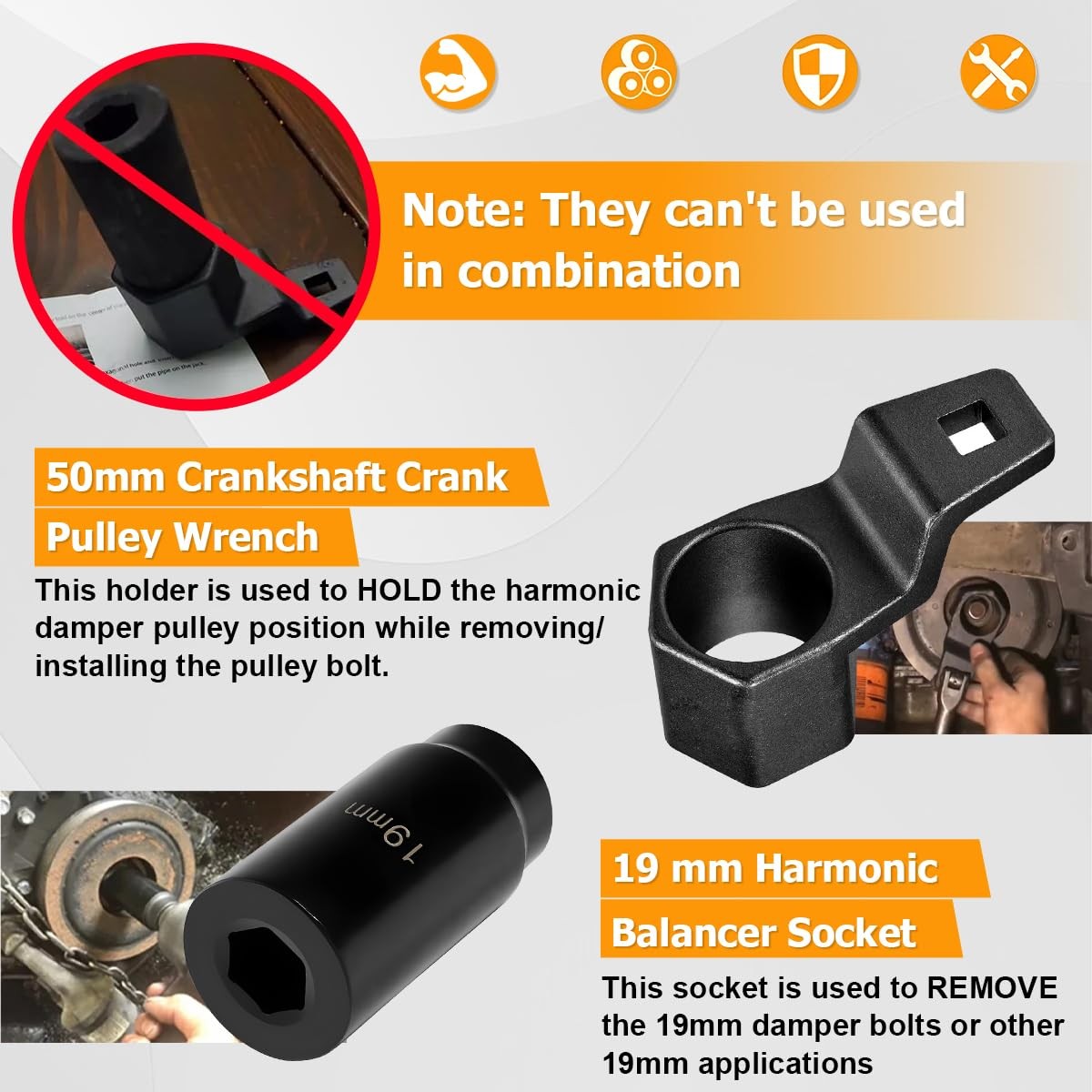 Car Crankshaft Pulley Removal Tool, 19mm Harmonic Balancer Socket & 50mm