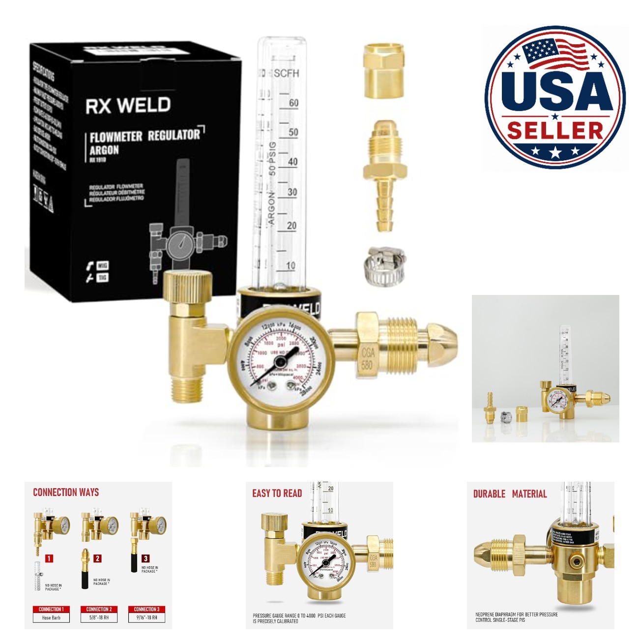 Argon Regulator CGA580 MIG TIG Welding Gas Flowmeter Brass 10-60 CFH Dual