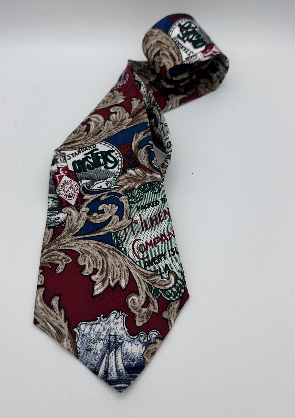 TABASCO Mens Tie-Blue and Red Tabasco Oysters Louisiana Print, 100% Silk 56 3/4”