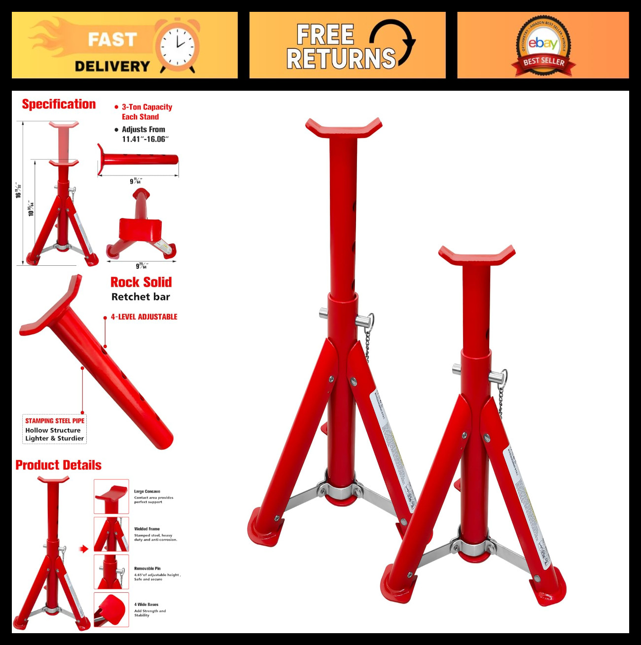 3 Ton Foldable Jack Stands, Adjustable 11.42"-16.06", Safety Pin, Car Lift for S