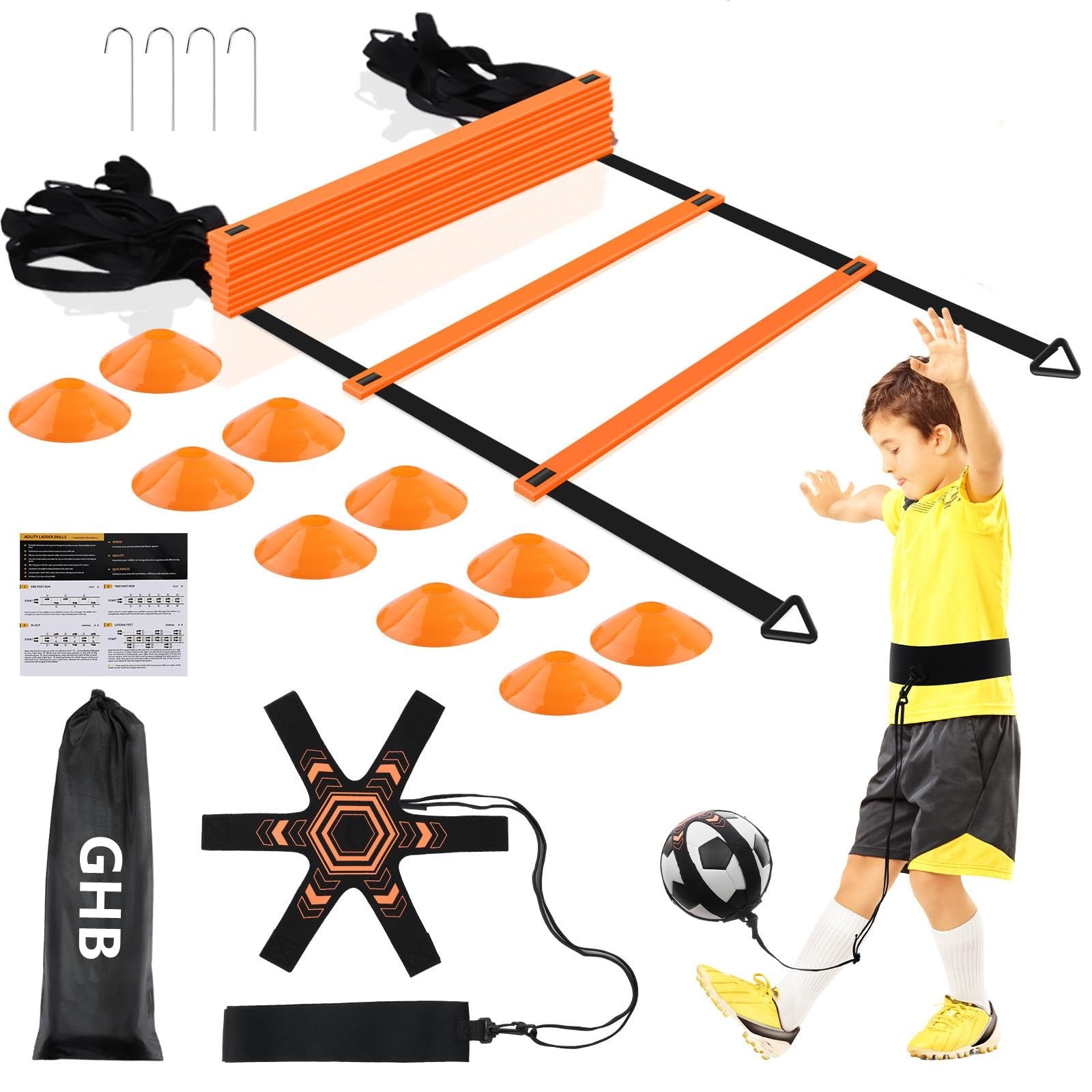 GHB Pro Agility Ladder Soccer Kick Trainer Set 20ft 12 Rung 10 Cones and 4 St...