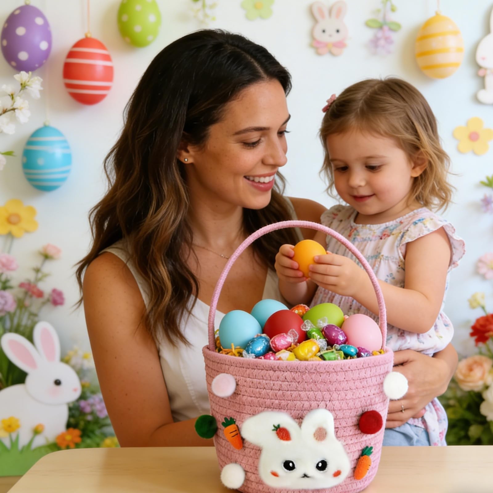 Easter Bunny Baskets for , Baby Easter Empty Egg Basket with Handle, Woven Ro...