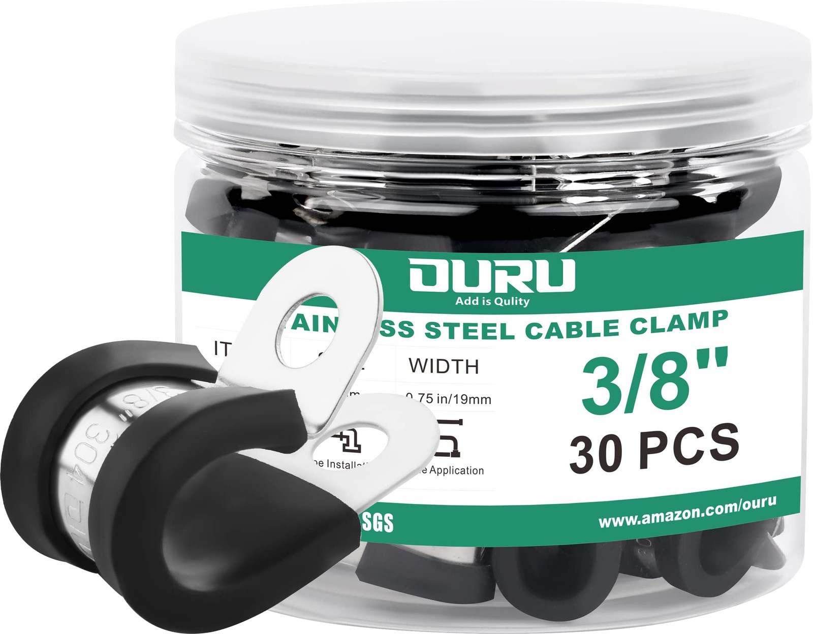 OURU 30pcs 3/8 Inch Stainless Steel Cable Clamps,Rubber - 3/8", Black