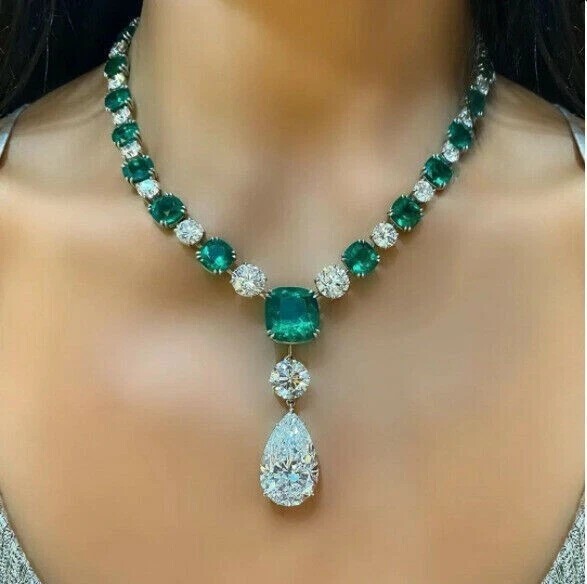 22CT Pear Cut Lab Created  14K White Gold Finish Diamond Women's Tennis Necklace