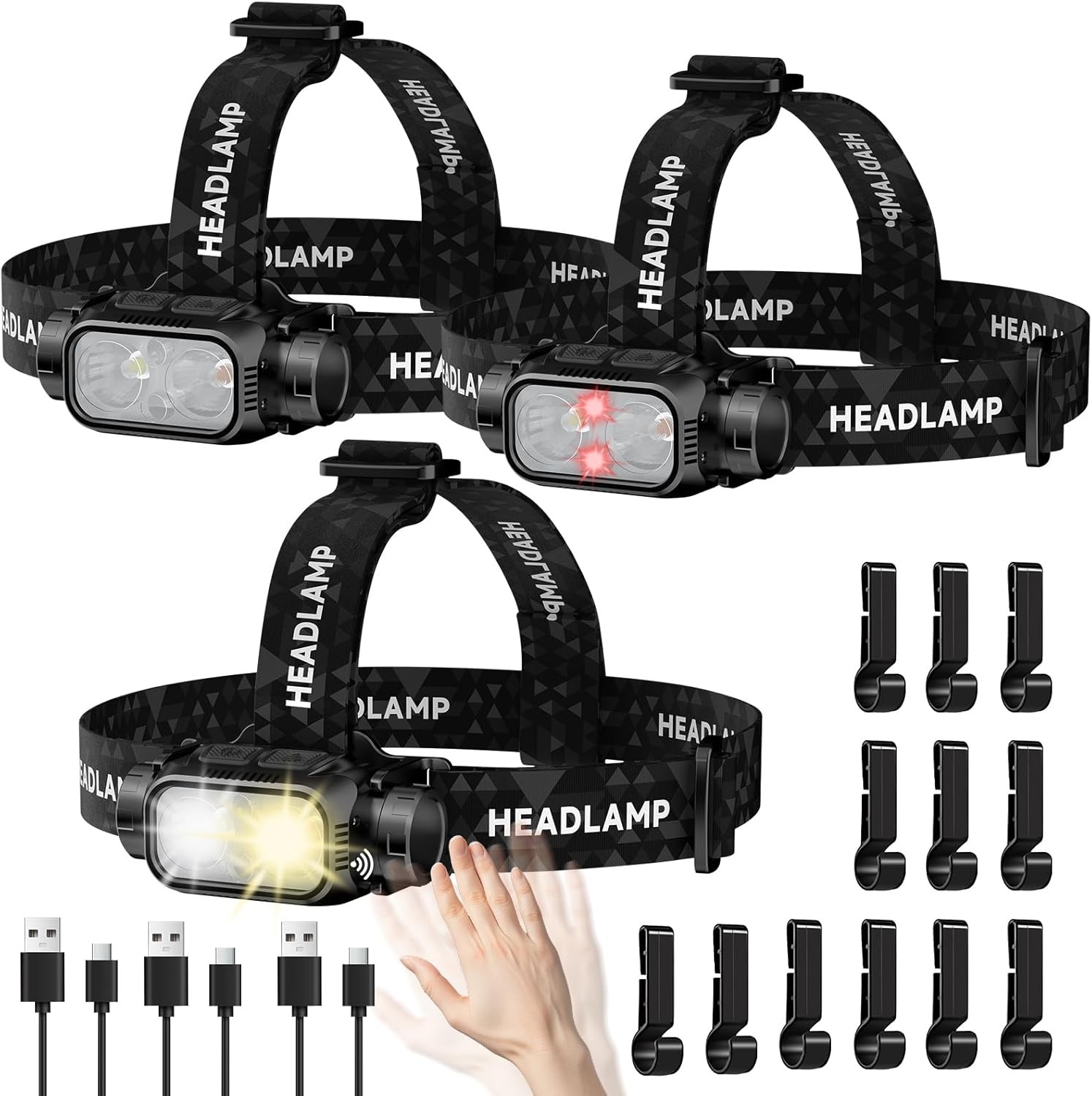 Rechargeable LED Headlamp 3 Pack Motion Sensor Red Light