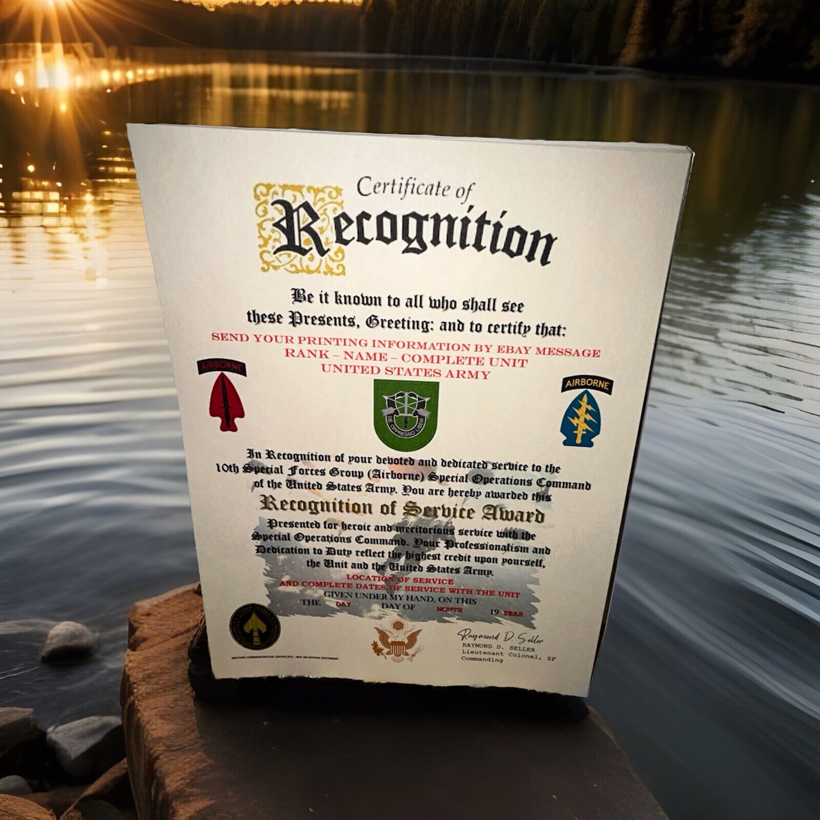U.S. ARMY - 10TH SPECIAL FORCES GROUP (ABN) RECOGNITION OF SERVICE AWARD